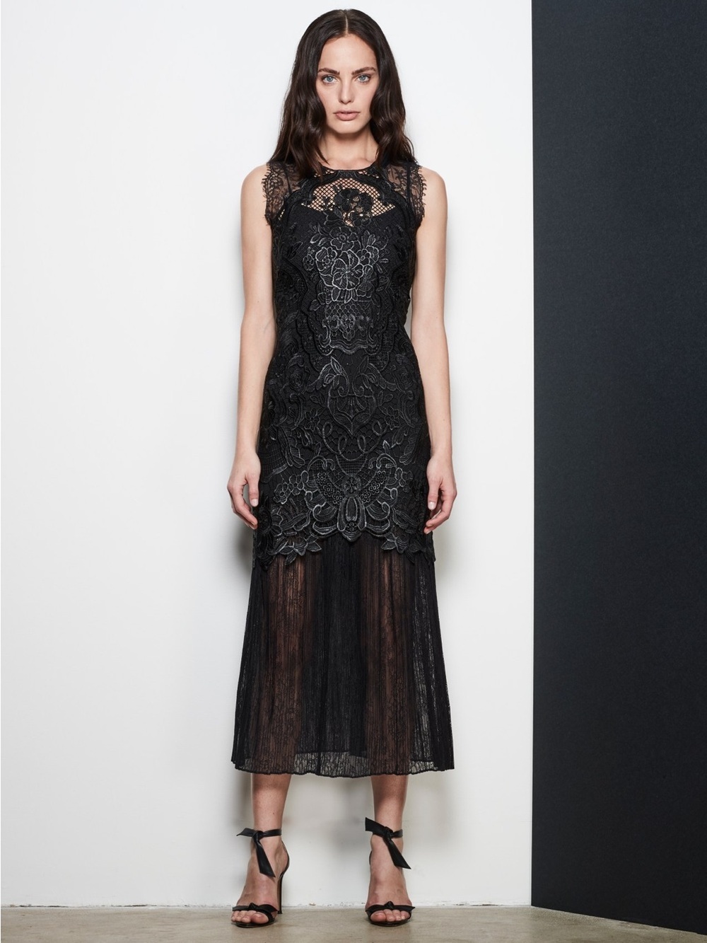 KOBI HALPERIN Kristy Black Lace Midi Dress Sheer Skirt Sleeveless
Embroidered 6
